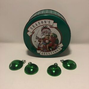 Green Christmas Tin with Ornament Magnets lot